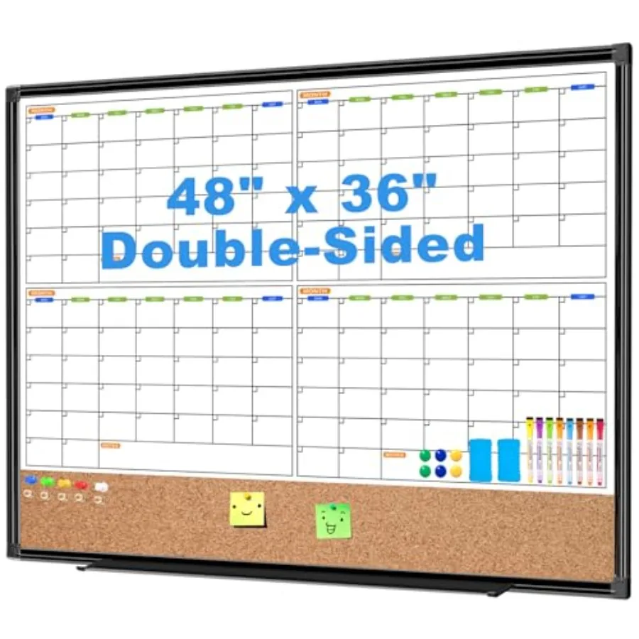 4 Month Calendar Dry Erase Board and Corkboard Combo for Wall 48" x 36" Double-Sided Large Dry Erase Calendar and Bulletin Boar
4 Month Calendar Dry Erase Board and Corkboard Combo for Wall 48" x 36" Double-Sided Large Dry Erase Calendar and Bulletin Boar