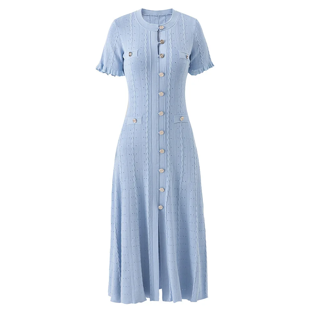Retro Elegant Women's Knitted Dress with Ruffles Short Sleeve Slim Fit A-Line Design Hollow out Detail Long Robe for Ladies
Retro Elegant Women's Knitted Dress with Ruffles Short Sleeve Slim Fit A-Line Design Hollow out Detail Long Robe for Ladies