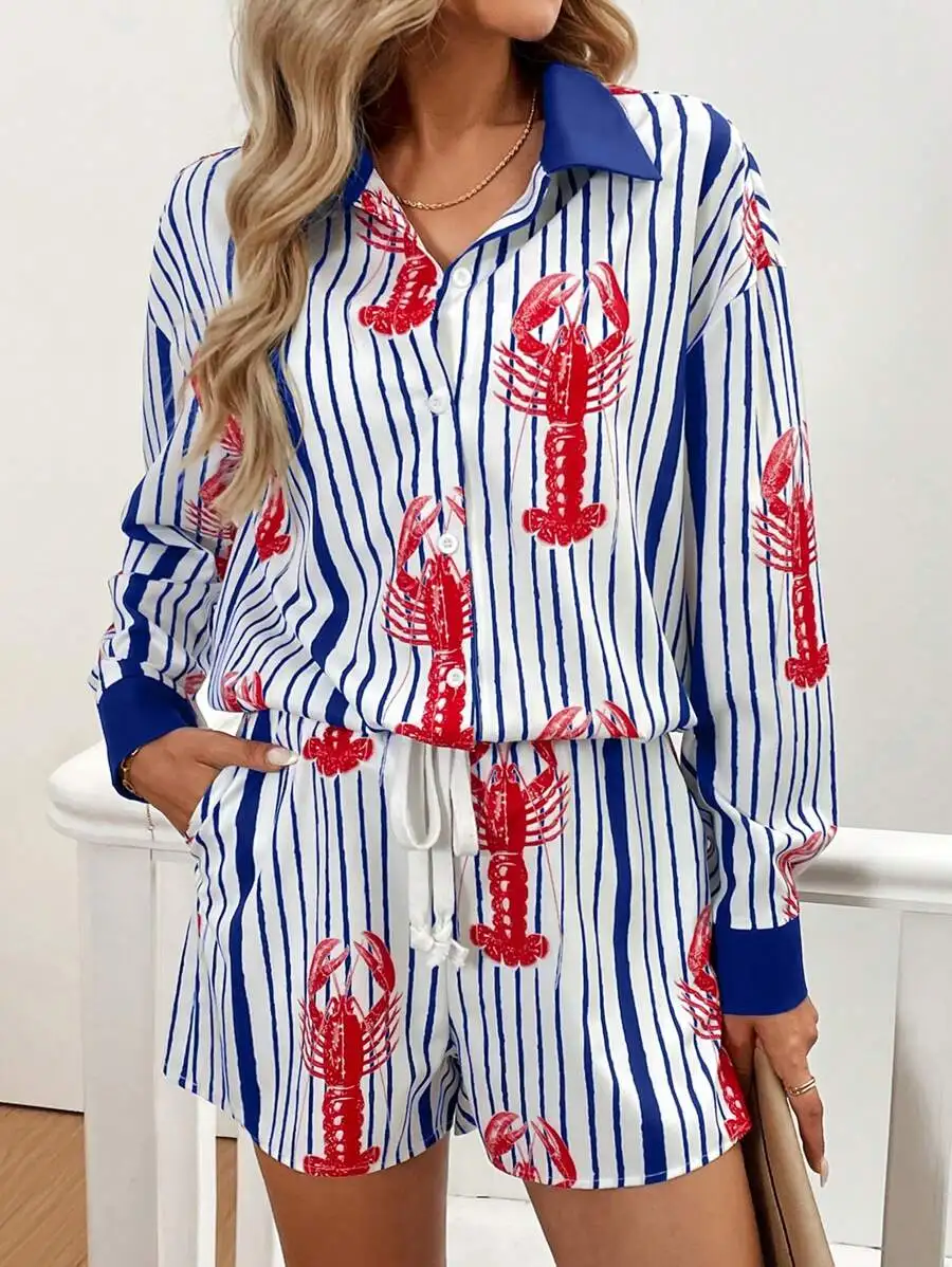 Women Striped Lobster Print Long Sleeve Shirt And Shorts Set
Women Striped Lobster Print Long Sleeve Shirt And Shorts Set