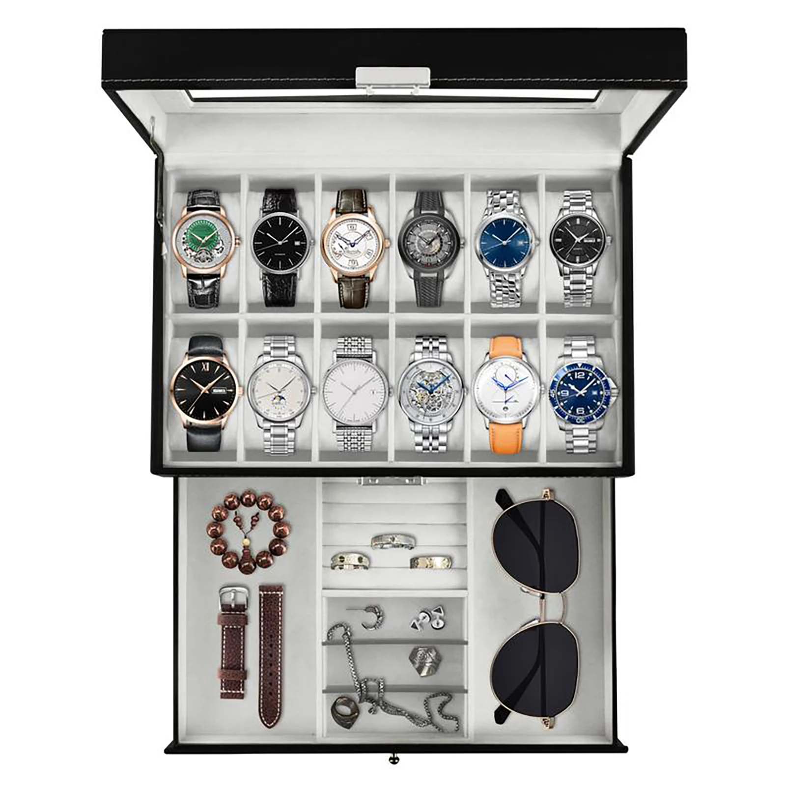 Шкатулка для украшений на 12 отделений, 2-слойная, с выдвижным ящиком и стеклянной крышкой, органайзер для часов, с металлическим замком, подарки на день рождения и Рождество для мужчин и женщин
Шкатулка для украшений на 12 отделений, 2-слойная, с выдвижным ящиком и стеклянной крышкой, органайзер для часов, с металлическим замком, подарки на день рождения и Рождество для мужчин и женщин