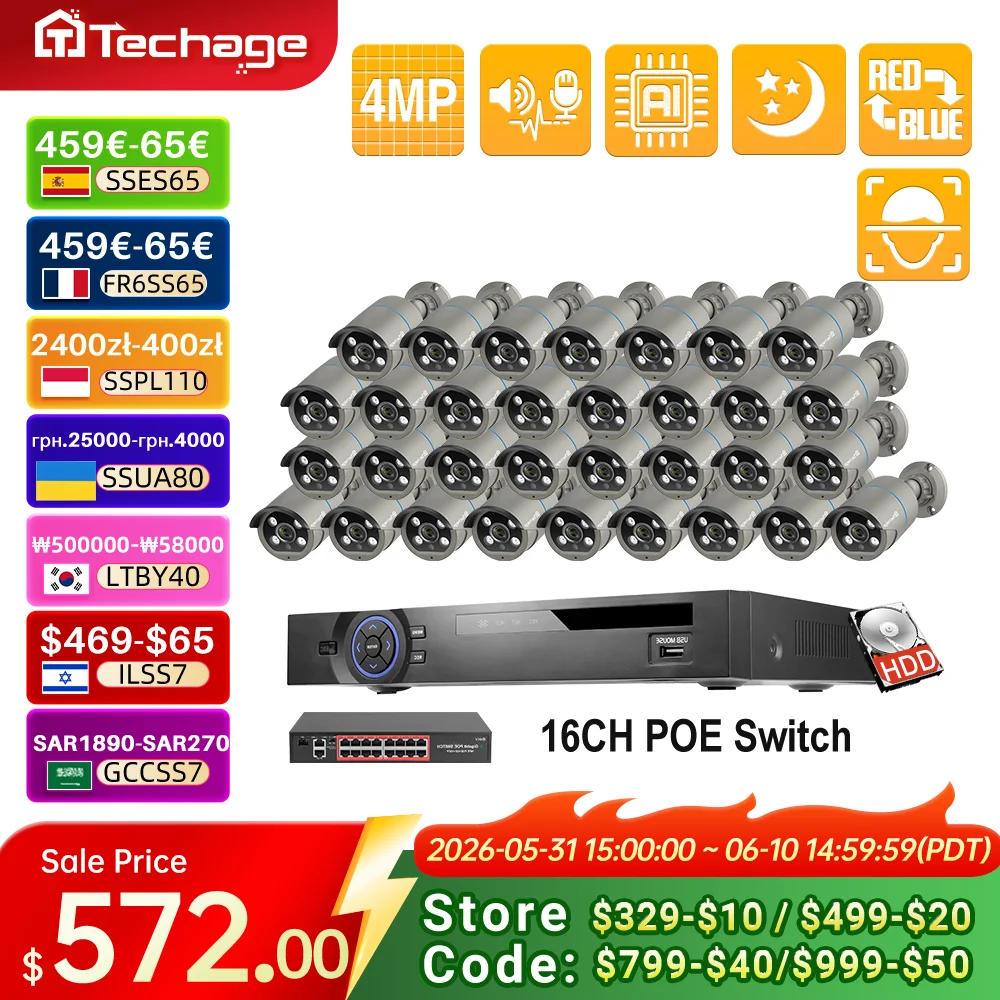 Techage 36CH 4MP POE Camera System Smart AI Human Face Detection Two-way Audio Colorful Night Vision CCTV Video Surveillance Set
Techage 36CH 4MP POE Camera System Smart AI Human Face Detection Two-way Audio Colorful Night Vision CCTV Video Surveillance Set