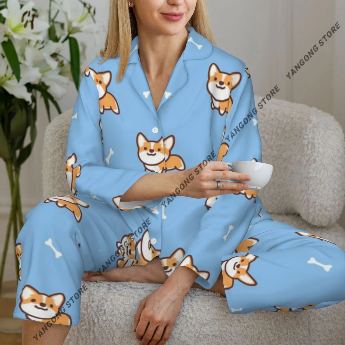 Cute Pembroke Welsh Corgi Dog Cartoon Womens Pajamas Loungewear Two-piece Sleepwear Button-Down Full Sleeve Long Pajamas Set
Cute Pembroke Welsh Corgi Dog Cartoon Womens Pajamas Loungewear Two-piece Sleepwear Button-Down Full Sleeve Long Pajamas Set