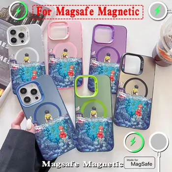 절벽 위의 애니메이션 P-Ponyo Magsafe 마그네틱 휴대폰 케이스, 아이폰 11 12 13 14 15 16 프로 맥스 플러스 렌즈 테두리 도금 커버