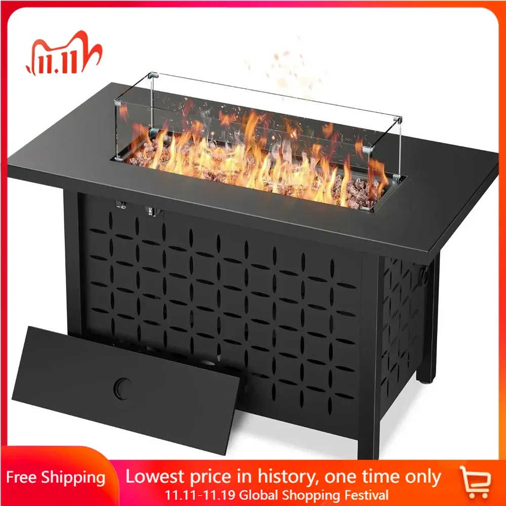 43 inch Fire Pit Table with Lid, Glass Wind Guard, Lava Rock, 50,000 BTU, 2 in 1 Outdoor Rectangular Propane Gas Fire Pit Table
43 inch Fire Pit Table with Lid, Glass Wind Guard, Lava Rock, 50,000 BTU, 2 in 1 Outdoor Rectangular Propane Gas Fire Pit Table