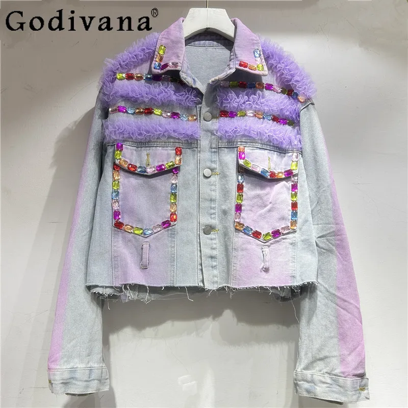 New European Heavy Industry Bead Splicing Gauze Contrasting Denim Jacket Girl Short Turn-down Collar Versatile Long Sleeve Top
New European Heavy Industry Bead Splicing Gauze Contrasting Denim Jacket Girl Short Turn-down Collar Versatile Long Sleeve Top
