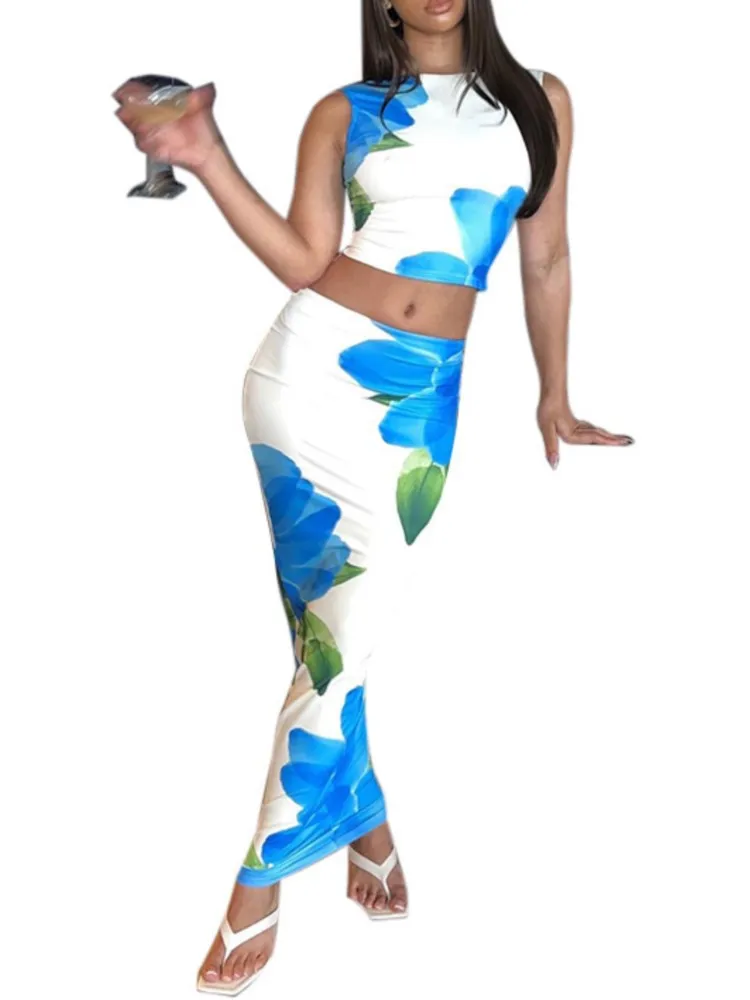 2025 Summer Beach Skirt Sets Women Sexy Slim Holiday Two Piece Outfits Fashion Flower Print Tank Top And Maxi Skirt Matching Set
2025 Summer Beach Skirt Sets Women Sexy Slim Holiday Two Piece Outfits Fashion Flower Print Tank Top And Maxi Skirt Matching Set