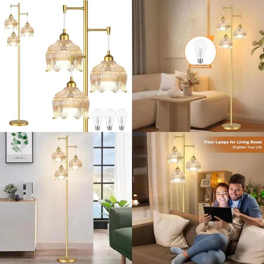 Gold Floor Lamps for Living Room 3 Lights Floor Lamp with Glass Lampshape and Three Led Bulb, Mid Century Standing Lamp Vintage
Gold Floor Lamps for Living Room 3 Lights Floor Lamp with Glass Lampshape and Three Led Bulb, Mid Century Standing Lamp Vintage