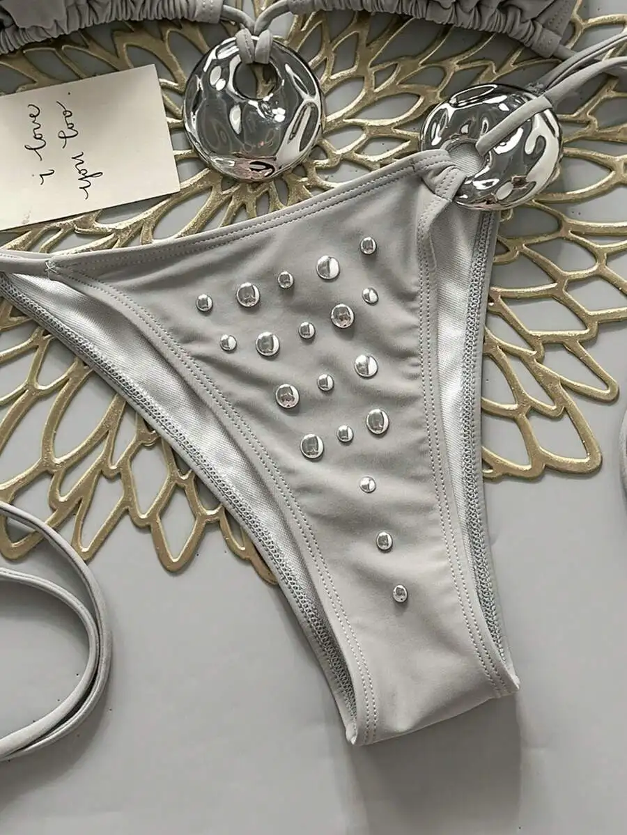 Studded Silver Gray Triangle Bikini Bottom With Tie Front Detail
Studded Silver Gray Triangle Bikini Bottom With Tie Front Detail