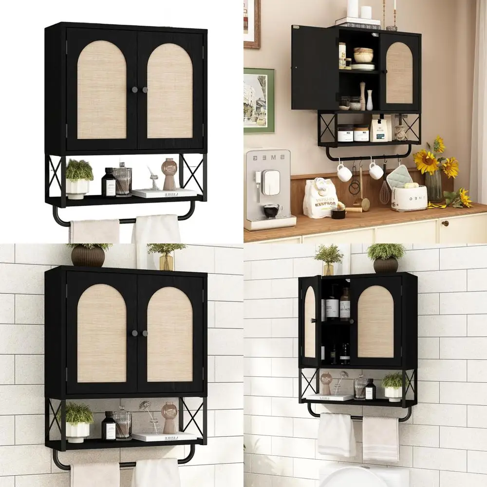 Настенный шкаф для ванной комнаты из ротанга в богемном стиле, черный, средний размер, с арочными дверцами, регулируемыми полками и вешалкой для полотенец
Настенный шкаф для ванной комнаты из ротанга в богемном стиле, черный, средний размер, с арочными дверцами, регулируемыми полками и вешалкой для полотенец