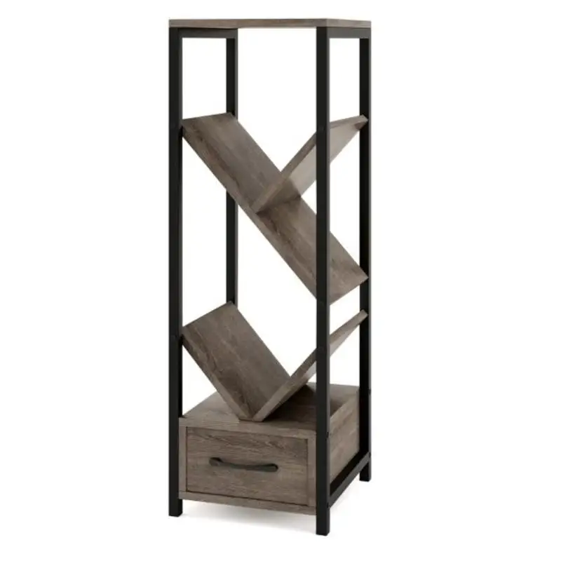 4 Tier Floor Tree Bookshelf with Drawer and Metal Frame-Gray
4 Tier Floor Tree Bookshelf with Drawer and Metal Frame-Gray