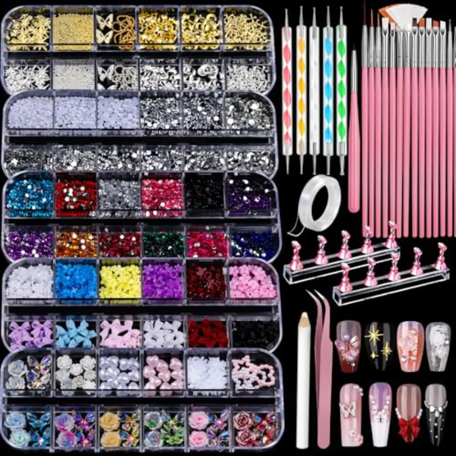 Nail Charms and Nail Art Tools Set, Nail Art Kit with 5 Boxes of 3D Nail Charms and Gems Rhinestones, 15 Pcs Nail Art Brushes,
Nail Charms and Nail Art Tools Set, Nail Art Kit with 5 Boxes of 3D Nail Charms and Gems Rhinestones, 15 Pcs Nail Art Brushes,