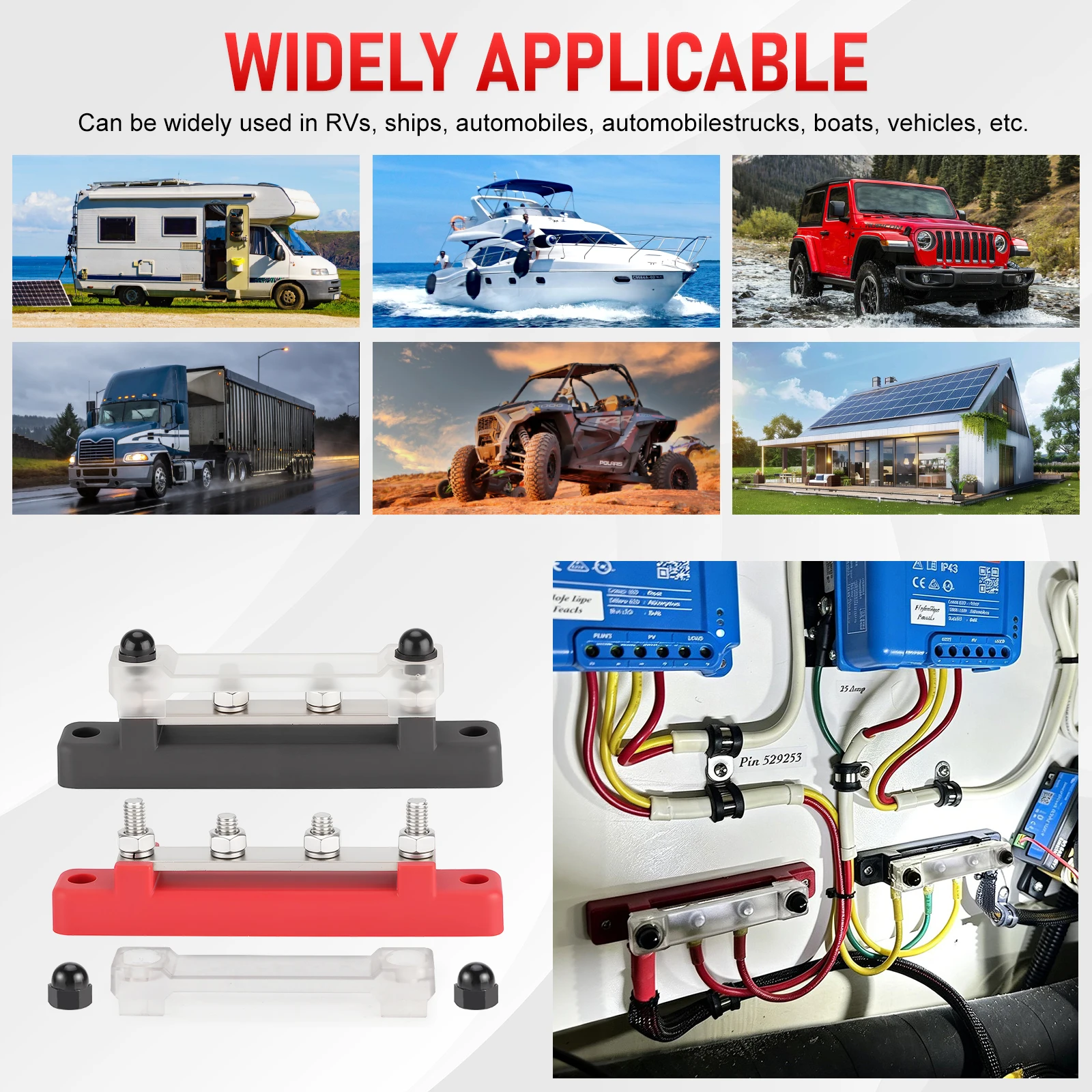 4 Post 48V 150A Power Distribution Block 1/4" M6 Stud Nickel Plated Copper Bus Bar For Marine Car RV Solar Wiring Red Terminal
4 Post 48V 150A Power Distribution Block 1/4" M6 Stud Nickel Plated Copper Bus Bar For Marine Car RV Solar Wiring Red Terminal