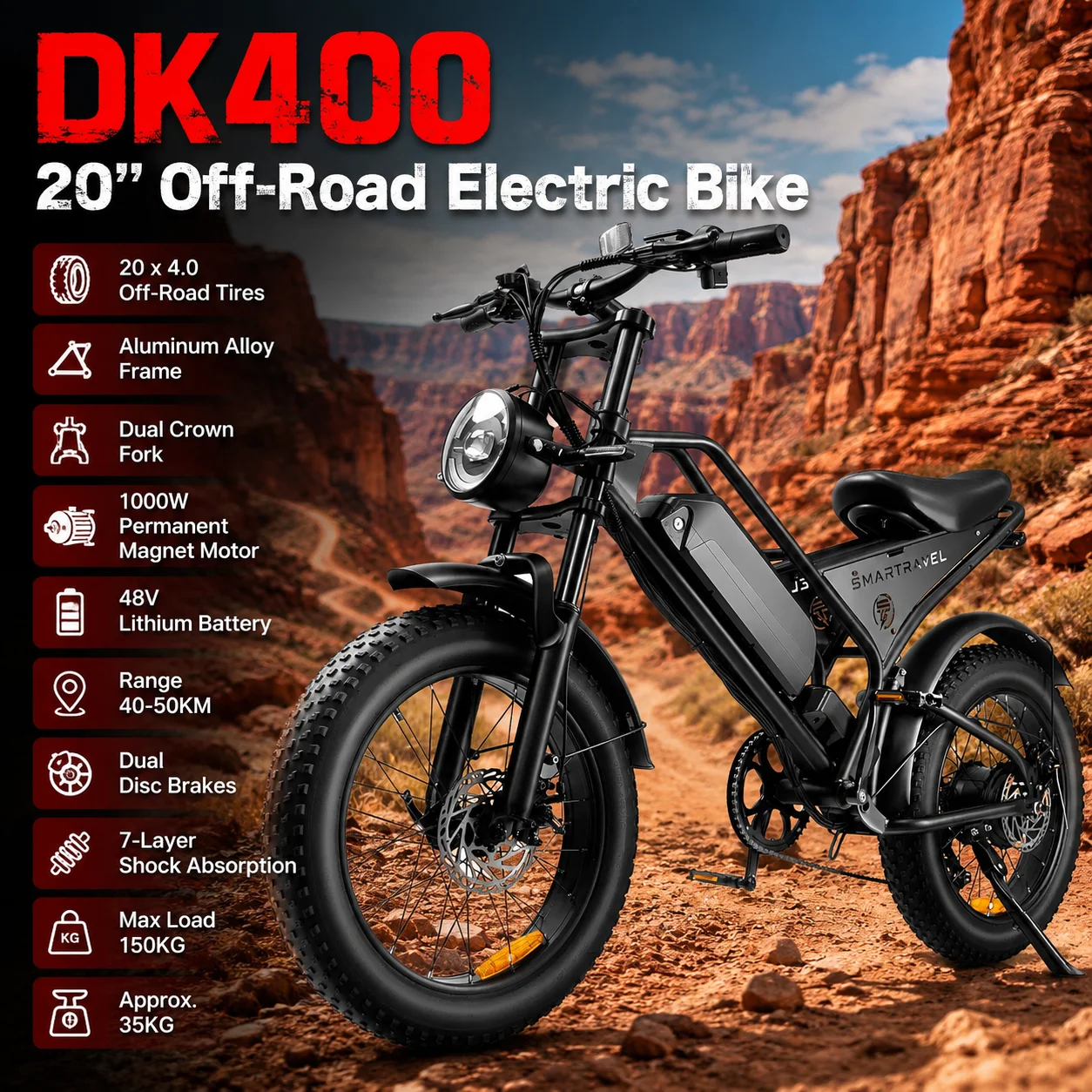 DK400 Aluminum Alloy Electric Mountain Bike 1000W Motor 20x4.0 Fat Tires 48V Battery 150KG Capacity for Outdoor Riding
DK400 Aluminum Alloy Electric Mountain Bike 1000W Motor 20x4.0 Fat Tires 48V Battery 150KG Capacity for Outdoor Riding