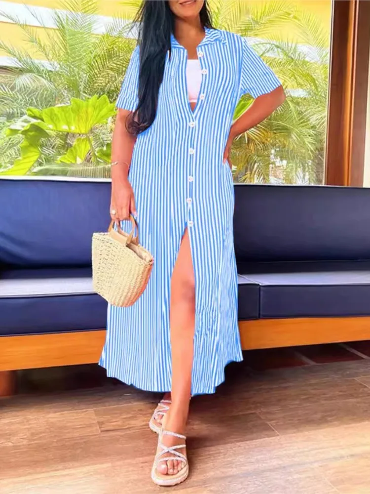 Vintage Stripe Print Long Dresses For Women 2024 Summer Fashion Short Sleeve Single Brteasted Shirt Dress Elegant Streetwear
Vintage Stripe Print Long Dresses For Women 2024 Summer Fashion Short Sleeve Single Brteasted Shirt Dress Elegant Streetwear