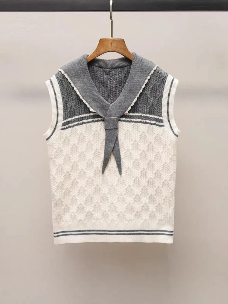 Retro College Style Navy Collar with Sleeveless Vest Knitted Sweater Pullover for Women College Student Girl Sweet Classic Style 
Retro College Style Navy Collar with Sleeveless Vest Knitted Sweater Pullover for Women College Student Girl Sweet Classic Style