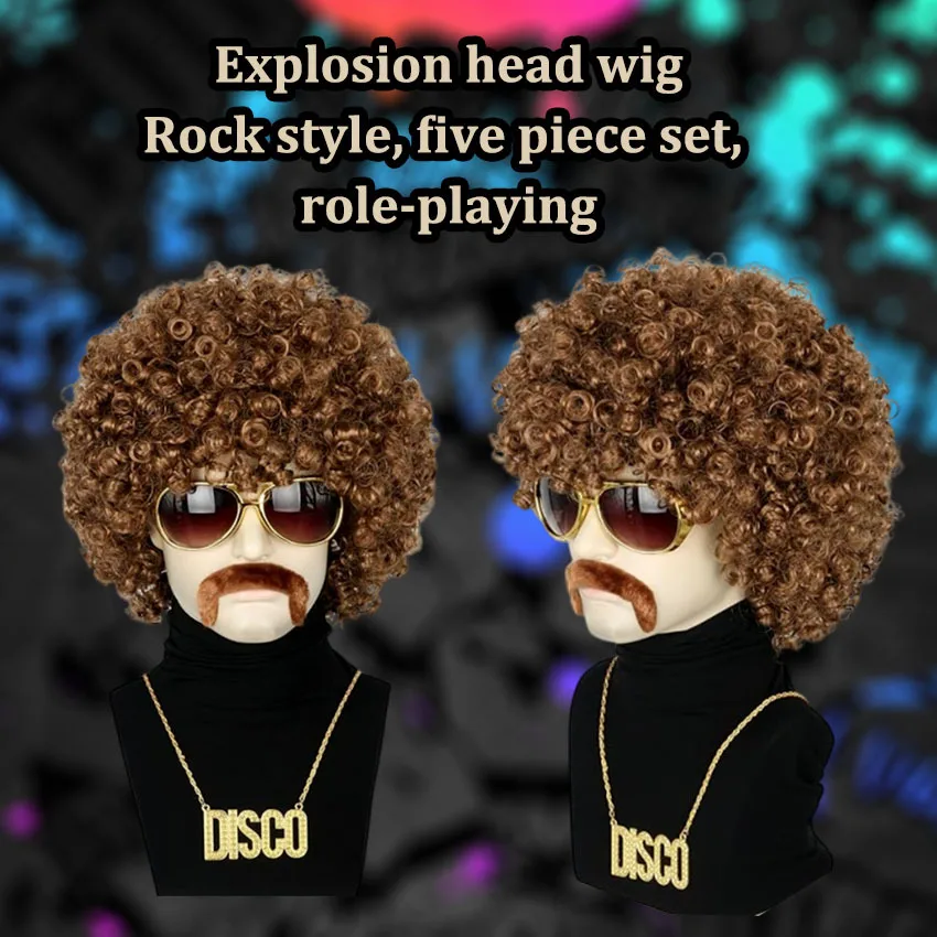Five piece rock wig set, including wig, glasses, necklace, beard, wig cap, men's, 70s wig, naturally fluffy brown curly hair.
Five piece rock wig set, including wig, glasses, necklace, beard, wig cap, men's, 70s wig, naturally fluffy brown curly hair.
