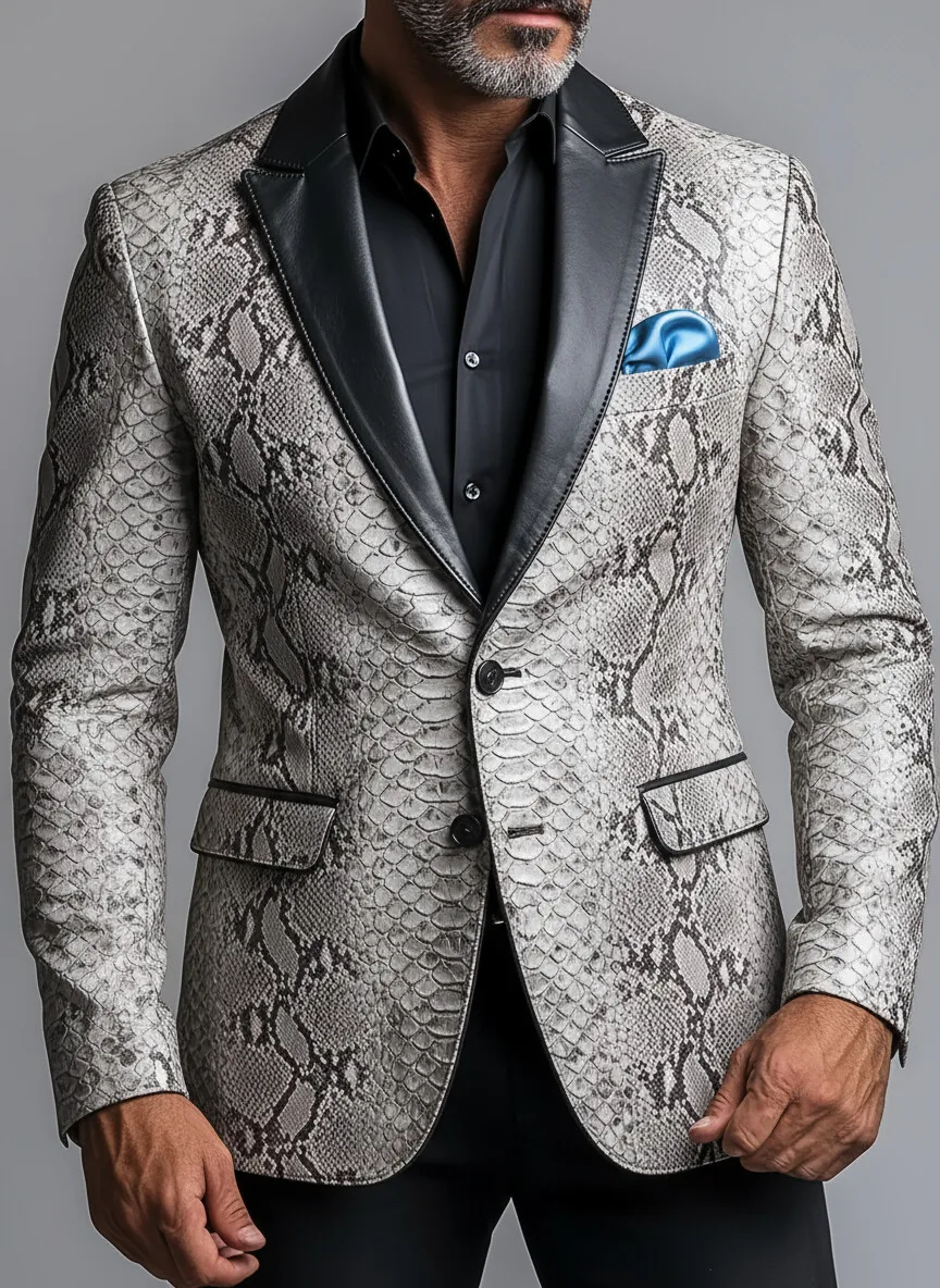 Мужской кожаный пиджак со змеиным принтом, винтажный однобортный пиджак, пальто, модная вечеринка, свадьба, деловая повседневная верхняя одежда
Мужской кожаный пиджак со змеиным принтом, винтажный однобортный пиджак, пальто, модная вечеринка, свадьба, деловая повседневная верхняя одежда