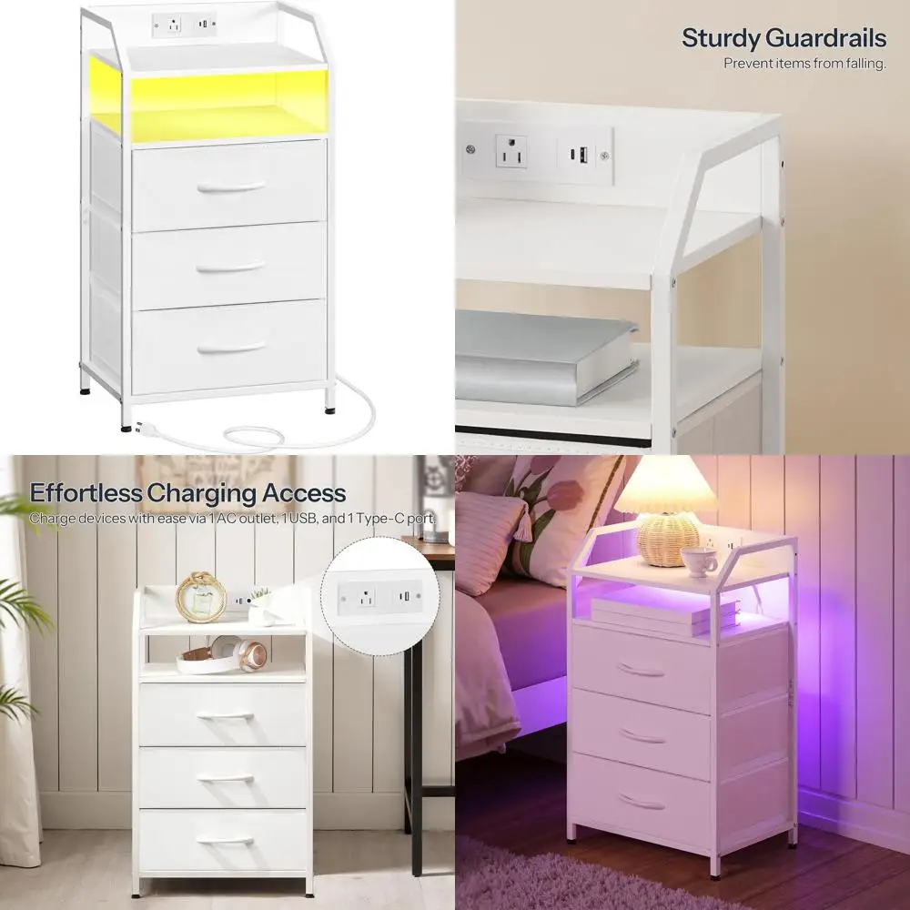 Bedside Table with Charging Station, LED Strip, and Non-Woven Drawers, White WT013UDBZ01
Bedside Table with Charging Station, LED Strip, and Non-Woven Drawers, White WT013UDBZ01