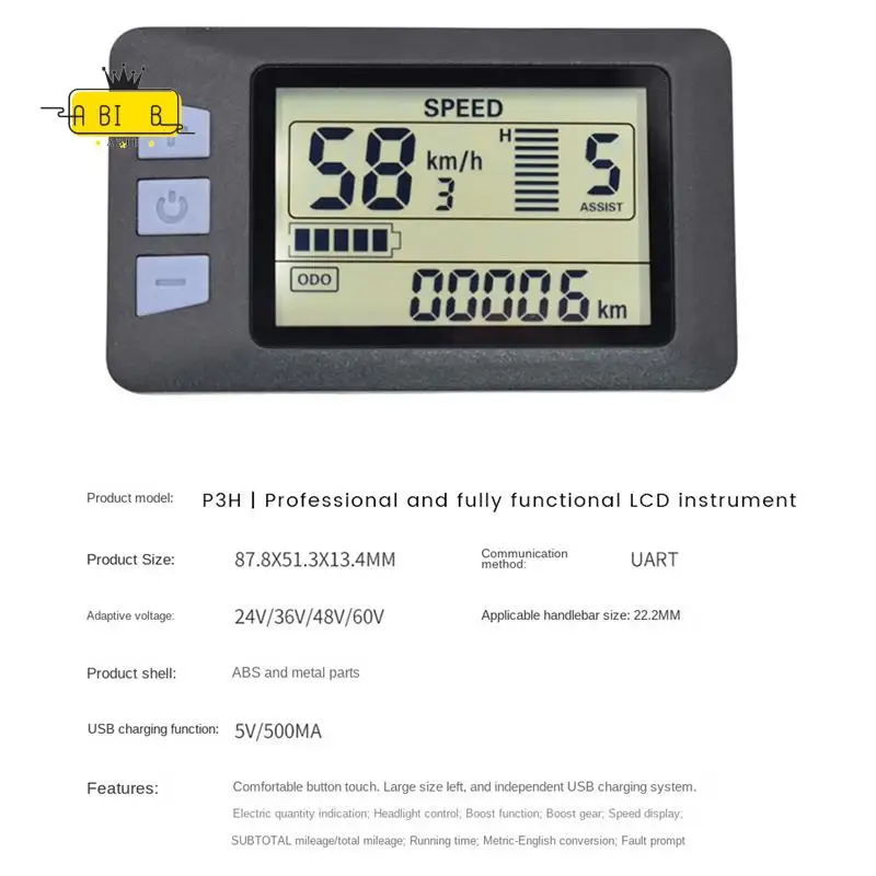 ABIB -P3H LCD Display Meter Dashboard 24V 36V 48V 60V Electric Bike Meter Display Panel For Electric Scooter
ABIB -P3H LCD Display Meter Dashboard 24V 36V 48V 60V Electric Bike Meter Display Panel For Electric Scooter