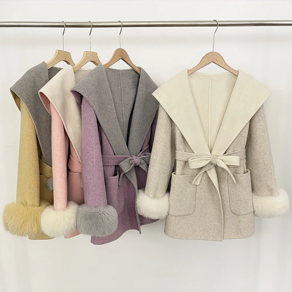 Reality Real Fox Fur Cuffs Jacket with Fur Pockets Women's Wool Coat Hooded Winter Outerwear Jacket Belt Female Woolen Coat
Reality Real Fox Fur Cuffs Jacket with Fur Pockets Women's Wool Coat Hooded Winter Outerwear Jacket Belt Female Woolen Coat
