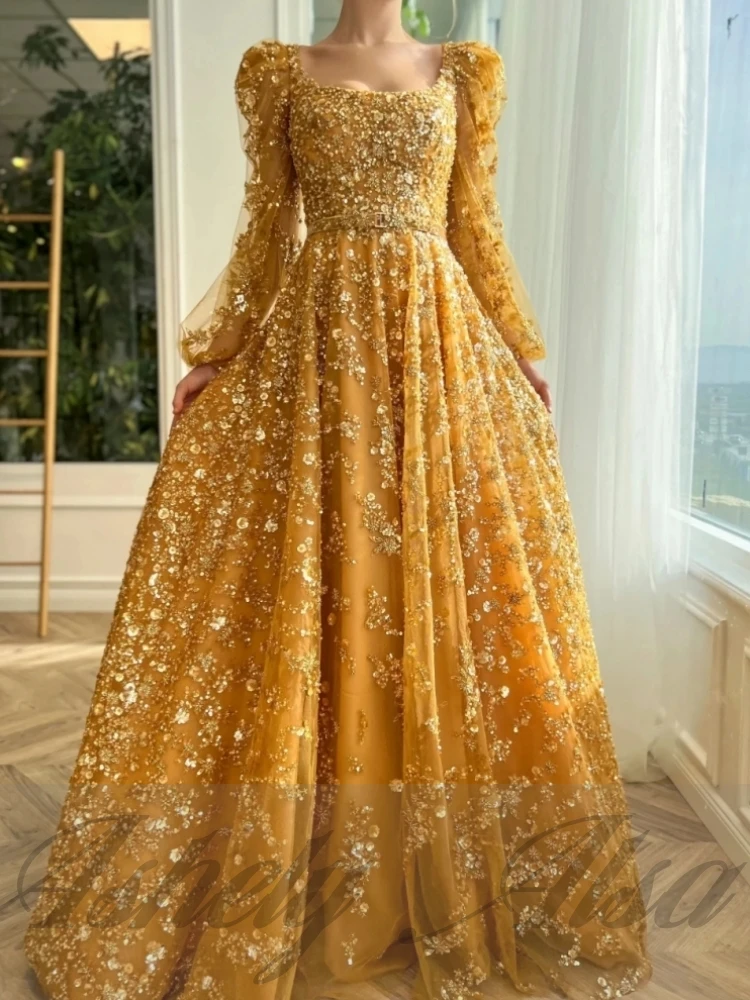 Glittering Gold Yellow Long Sleeve Evening Dresses Square Neck Beads A Line Women Formal Occasion Wear Prom Wedding Party Dress
Glittering Gold Yellow Long Sleeve Evening Dresses Square Neck Beads A Line Women Formal Occasion Wear Prom Wedding Party Dress