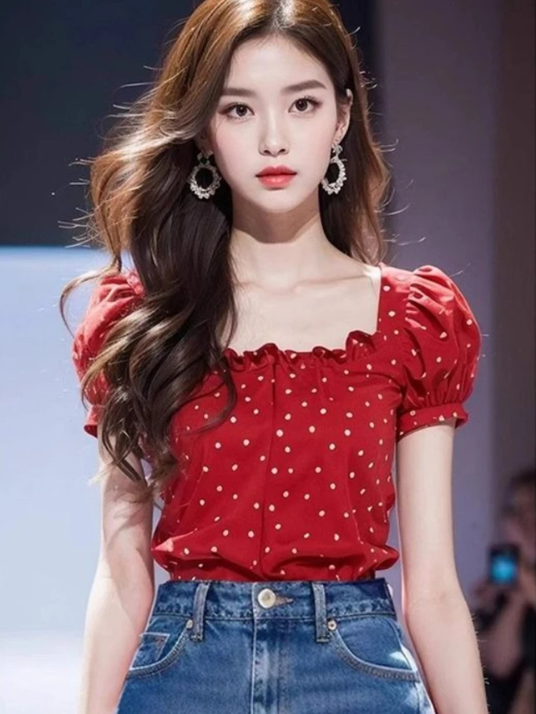 Summer Sweet Shirts Square Collar Puff Sleeve Polka Dot Tops Fashion Design Blouses Female Slim All Match 2025 Women's Clothing
Summer Sweet Shirts Square Collar Puff Sleeve Polka Dot Tops Fashion Design Blouses Female Slim All Match 2025 Women's Clothing