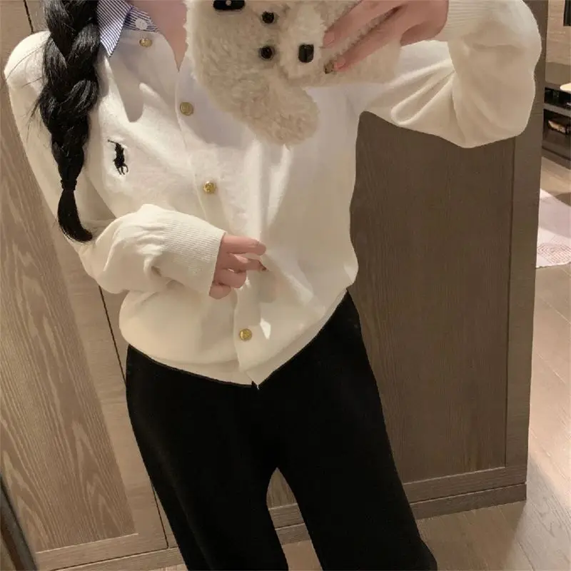 Simple and Fashionable Embroidered Fake Two-piece Spliced Striped Shirt Collar Single Breasted Long Sleeved Knitted Shirt Short
Simple and Fashionable Embroidered Fake Two-piece Spliced Striped Shirt Collar Single Breasted Long Sleeved Knitted Shirt Short