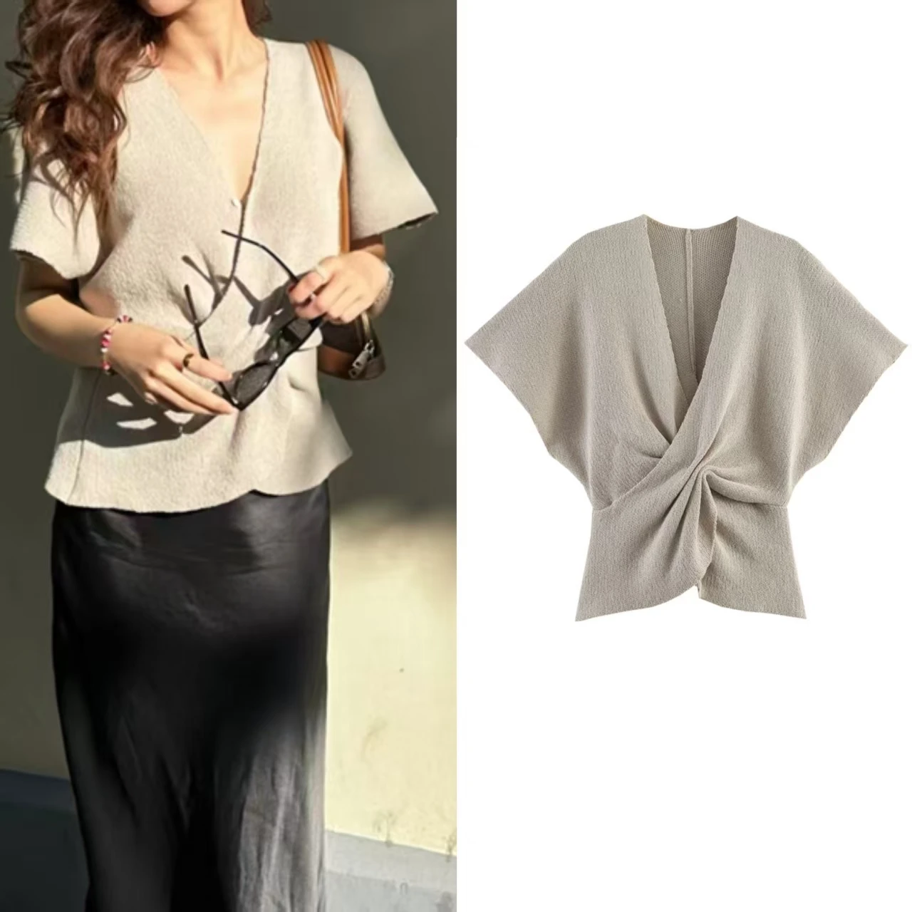 2026 Summer New Women's Top Gray Short-Sleeve V-Neck Pleated Decorative Knit Top Elegant and Stylish Personality Fashion
2026 Summer New Women's Top Gray Short-Sleeve V-Neck Pleated Decorative Knit Top Elegant and Stylish Personality Fashion