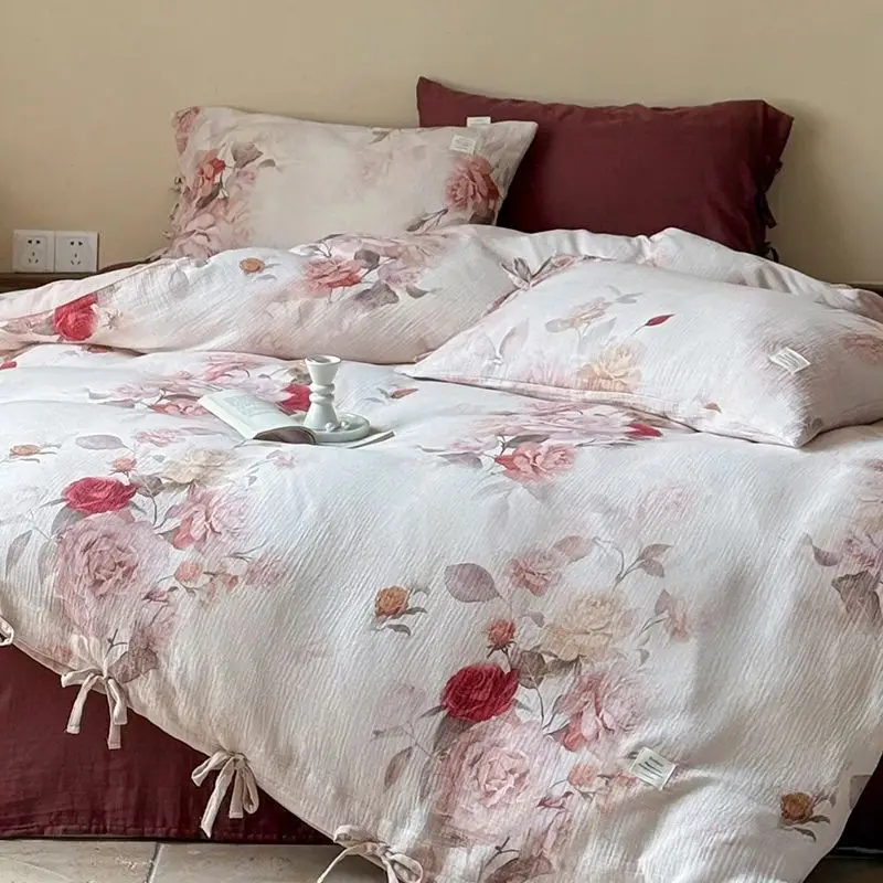 Vintage Rose Flowers Print Lace-up Bedding Set Double Layer Yarn 100% Cotton Duvet Cover Flat/Fitted Bed Sheet Pillowcases 4Pcs
Vintage Rose Flowers Print Lace-up Bedding Set Double Layer Yarn 100% Cotton Duvet Cover Flat/Fitted Bed Sheet Pillowcases 4Pcs