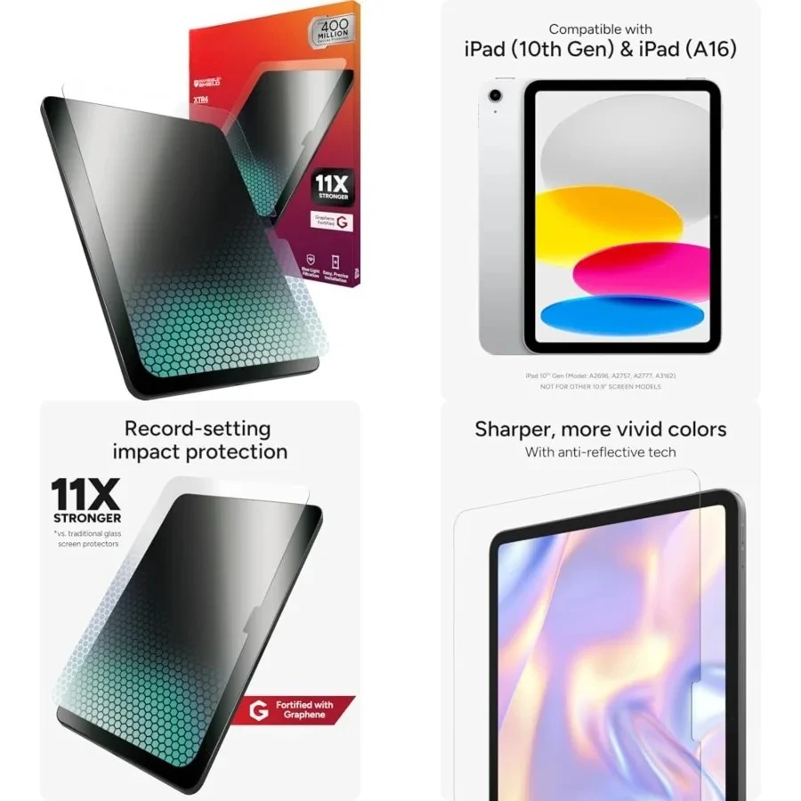 Screen Protector for iPad 11-inch (A16) & iPad 10.9-inch (10th Gen) – 11X Stronger with Graphene, Blue Light Filtration, Anti-Reflective, EZ Apply Tray, Recycled Glass
Screen Protector for iPad 11-inch (A16) & iPad 10.9-inch (10th Gen) – 11X Stronger with Graphene, Blue Light Filtration, Anti-Reflective, EZ Apply Tray, Recycled Glass