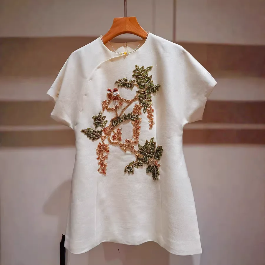 High Quality White Silk Shirt Casual Women's Beading Slim Top Fashion Ladies Short Sleeve Blouse
High Quality White Silk Shirt Casual Women's Beading Slim Top Fashion Ladies Short Sleeve Blouse