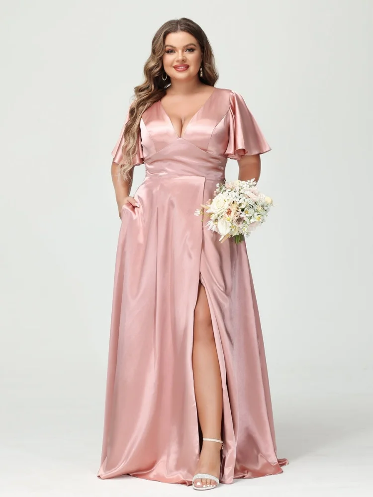 Plus Size Women Bridesmaid Dresses with Pockets A-Line V-Neck Half Sleeves Silk Satin Wedding Party Formal Prom Lace Up Back
Plus Size Women Bridesmaid Dresses with Pockets A-Line V-Neck Half Sleeves Silk Satin Wedding Party Formal Prom Lace Up Back