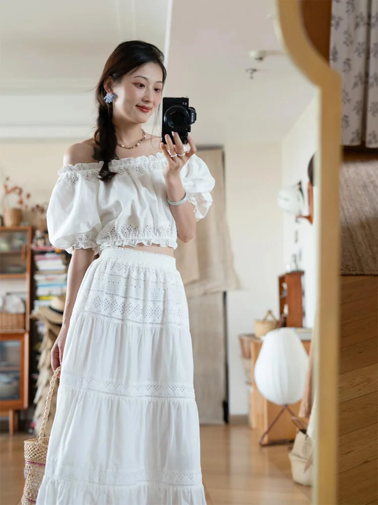 French sweet slash neck top women's summer hollow patchwork a line half skirt beach holiday style white suit
French sweet slash neck top women's summer hollow patchwork a line half skirt beach holiday style white suit