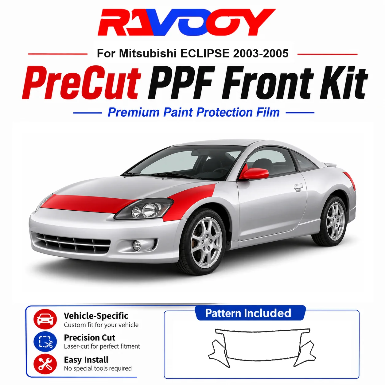 8.5mil TPU Precut PPF Kit For Mitsubishi ECLIPSE 2003-2005 - Hood, Fenders & Mirror Set - Self-Healing Clear Bra Film
8.5mil TPU Precut PPF Kit For Mitsubishi ECLIPSE 2003-2005 - Hood, Fenders & Mirror Set - Self-Healing Clear Bra Film