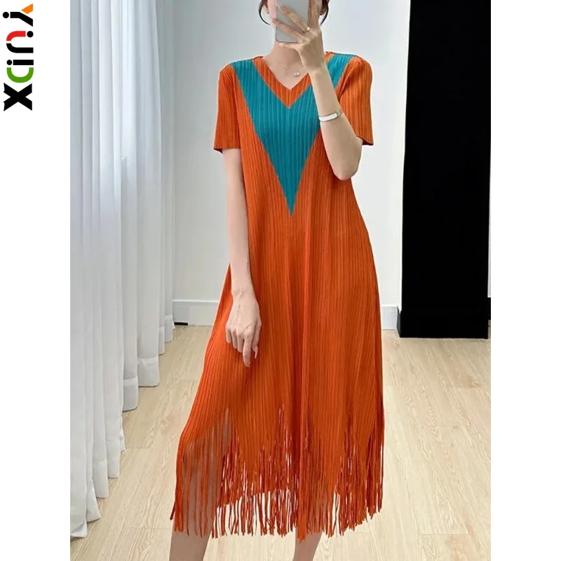 YUDX Miyake 2023 Summer New Tassel Short Sleeved Pleated Dress Women's Fashion Design Mid Length Color Block Temperament Dresses
YUDX Miyake 2023 Summer New Tassel Short Sleeved Pleated Dress Women's Fashion Design Mid Length Color Block Temperament Dresses