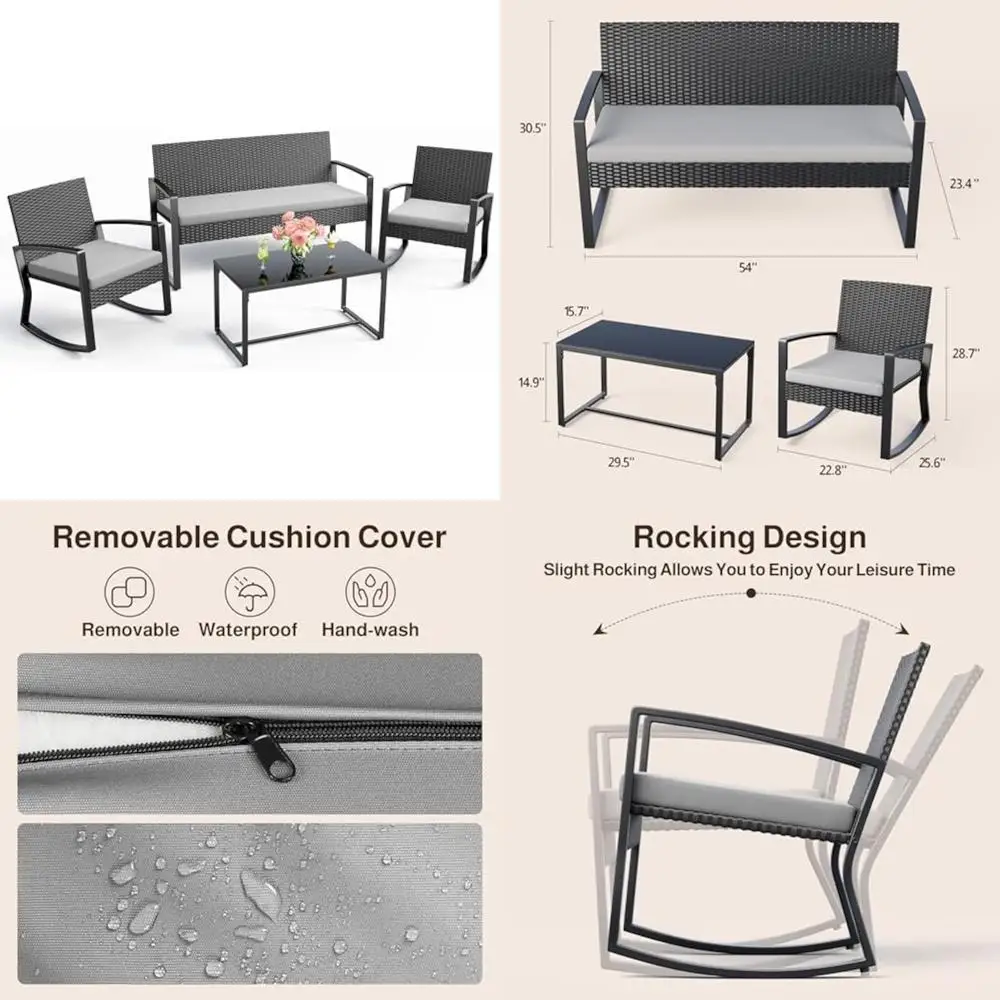 4-Piece Outdoor Patio Furniture Set with Wicker and Glass Top Coffee Table, Rocking Bistro Set for Backyard
4-Piece Outdoor Patio Furniture Set with Wicker and Glass Top Coffee Table, Rocking Bistro Set for Backyard