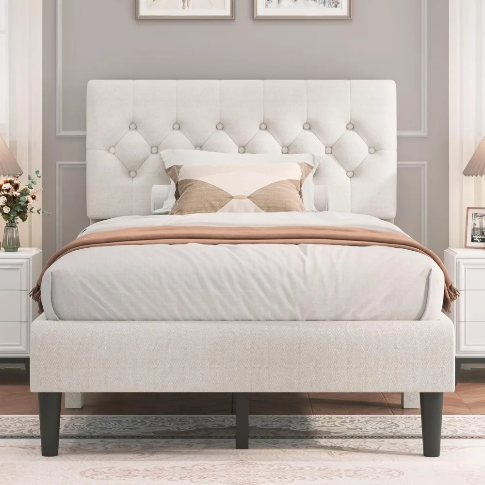 Twin Size Bed Frame, Linen Fabric Upholstered Platform Bed Frame with Headboard, Twin Bed Frame with Wood Slats
Twin Size Bed Frame, Linen Fabric Upholstered Platform Bed Frame with Headboard, Twin Bed Frame with Wood Slats