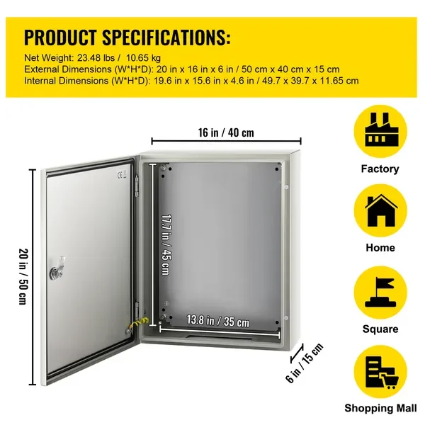 20x16x6'' Steel Enclosure, IP66 Rated, Dust & Water Proof, Indoor/Outdoor Use, Mounting Plate Included
20x16x6'' Steel Enclosure, IP66 Rated, Dust & Water Proof, Indoor/Outdoor Use, Mounting Plate Included