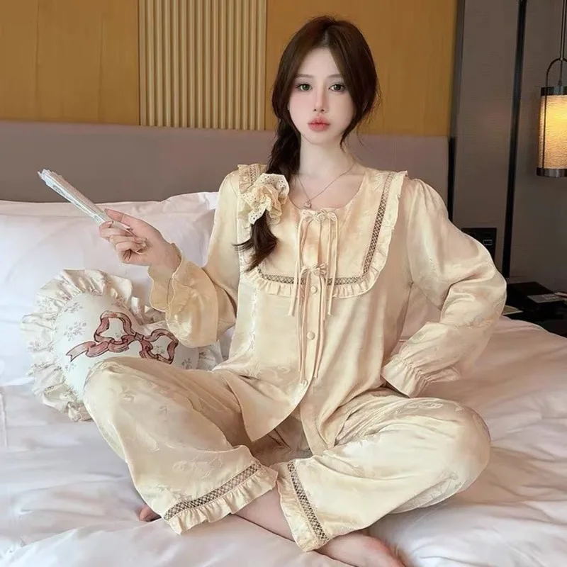 2025 Autumn Winter Chinese Style Fashion Women Pajamas Long Sleeve Pants Ice Silk Yellow Rubby Edge Homewear Sleepwear Nighty
2025 Autumn Winter Chinese Style Fashion Women Pajamas Long Sleeve Pants Ice Silk Yellow Rubby Edge Homewear Sleepwear Nighty