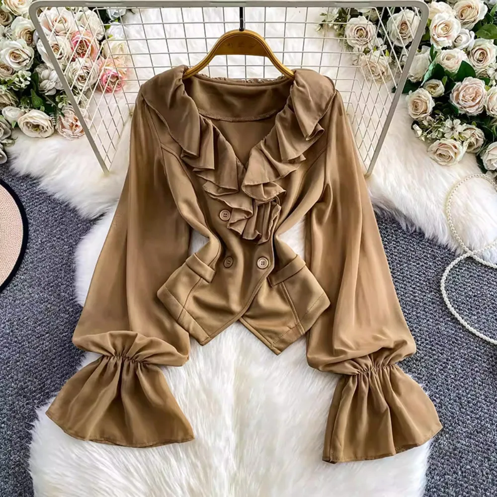 Women's Fall Long Sleeve V-Neck Casual Shirt, Solid Color Ruffled Blouse, Party Top, Women's Clothing Wholesale
Women's Fall Long Sleeve V-Neck Casual Shirt, Solid Color Ruffled Blouse, Party Top, Women's Clothing Wholesale