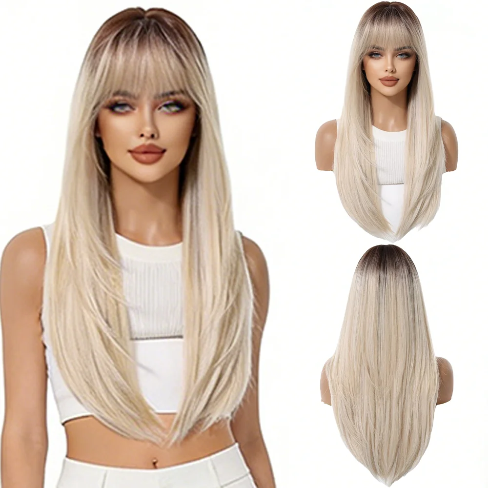 Dark Root Ombre Platinum Blonde Long Straight Wig With Bangs Soft Synthetic Fiber Natural Wig For Women Daily Cosplay Party Use
Dark Root Ombre Platinum Blonde Long Straight Wig With Bangs Soft Synthetic Fiber Natural Wig For Women Daily Cosplay Party Use