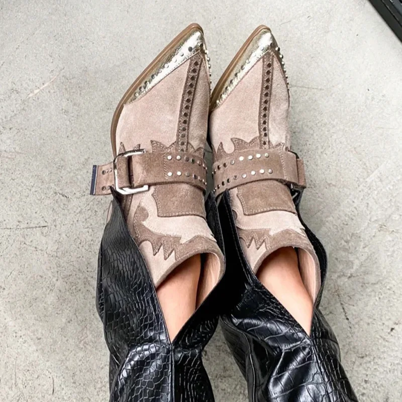 European and American Pointed Colored Rivet Short Boots Instagram Thick Heel Vintage Belt Buckle Western Cowboy Boots for Women
European and American Pointed Colored Rivet Short Boots Instagram Thick Heel Vintage Belt Buckle Western Cowboy Boots for Women