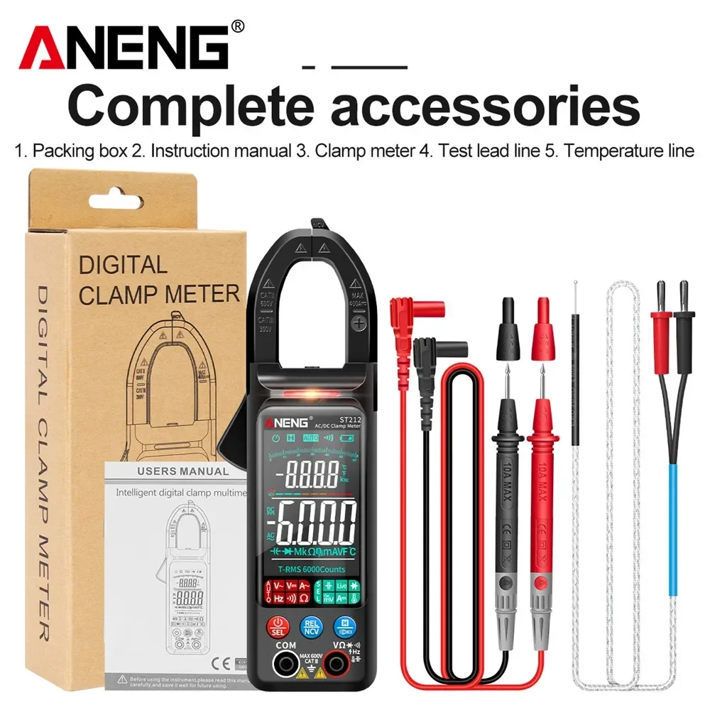 ANENG ST212 6000 Counts True RMS Digital Clamp Meter Auto Range AC/DC Current Voltage NCV Tester Professional Multimeter
ANENG ST212 6000 Counts True RMS Digital Clamp Meter Auto Range AC/DC Current Voltage NCV Tester Professional Multimeter