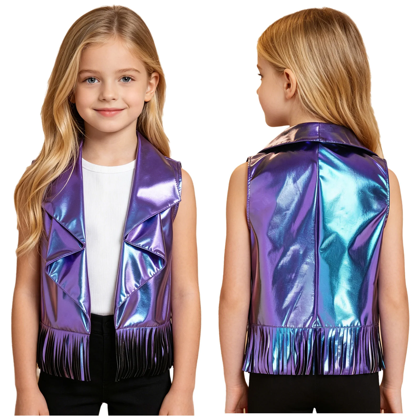 Kids Girls Metallic Shiny Vest Lapel Open Front Sleeveless Bottom Tassel Trim Tank Top for Jazz Dance Stage Performance
Kids Girls Metallic Shiny Vest Lapel Open Front Sleeveless Bottom Tassel Trim Tank Top for Jazz Dance Stage Performance