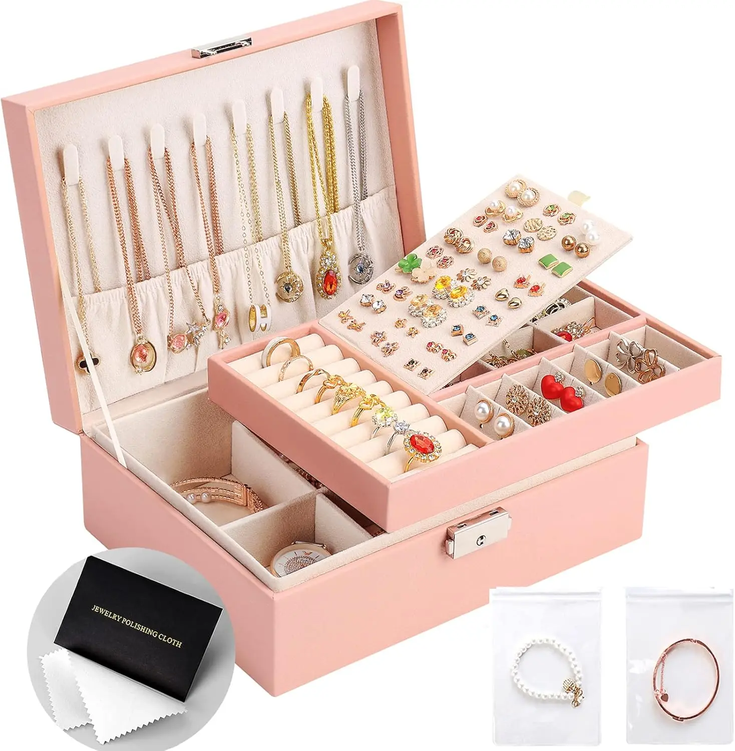 Jewelry Organizer Box, Leather Jewelry Box for Girls Gift Earring Organizer with Lock Double Layers Jewelry Case Removable Tray for Necklace Earring Ring with Polishing Cloth and Jewelry Bags
Jewelry Organizer Box, Leather Jewelry Box for Girls Gift Earring Organizer with Lock Double Layers Jewelry Case Removable Tray for Necklace Earring Ring with Polishing Cloth and Jewelry Bags
