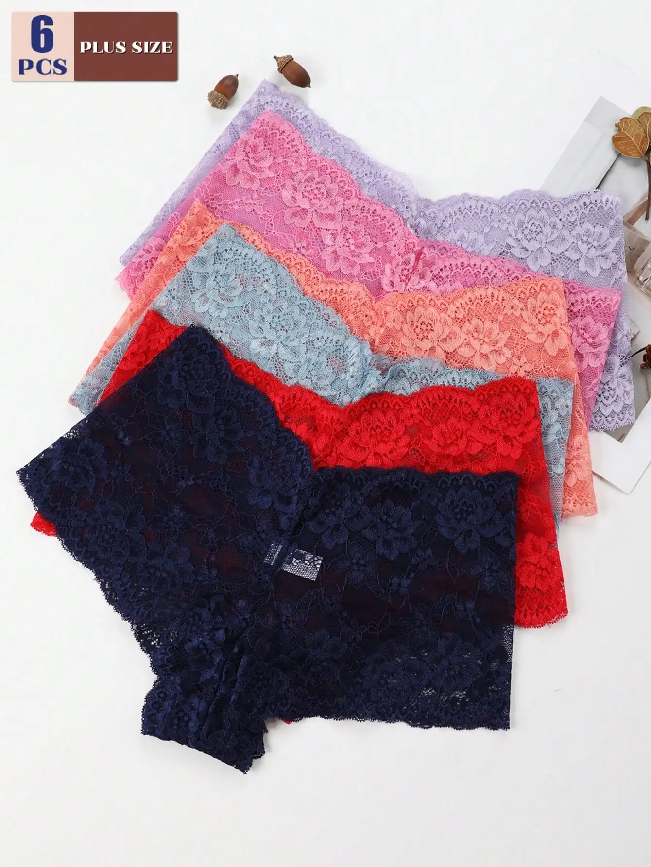 6-Pack Women's Lace Low-Rise Panties - Plus Size, Multi-Color Floral Embroidery, Soft Breathable Fabric
6-Pack Women's Lace Low-Rise Panties - Plus Size, Multi-Color Floral Embroidery, Soft Breathable Fabric