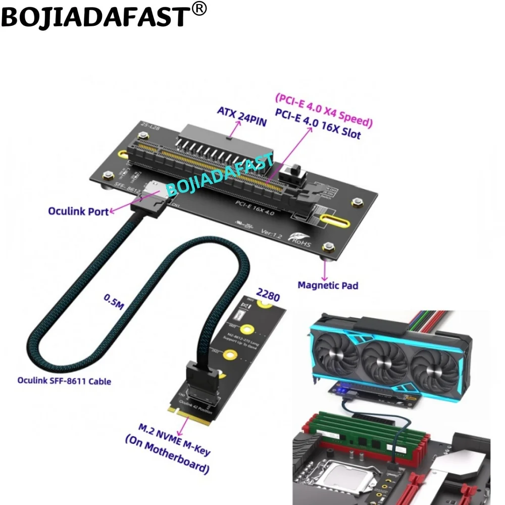 Адаптер-карта 2280 M.2 NVMe M-Key на слот PCI-E 4.0 X16 с входом ATX 24PIN и кабелем Oculink SFF-8611 для внешней видеокарты (док-станции)
Адаптер-карта 2280 M.2 NVMe M-Key на слот PCI-E 4.0 X16 с входом ATX 24PIN и кабелем Oculink SFF-8611 для внешней видеокарты (док-станции)