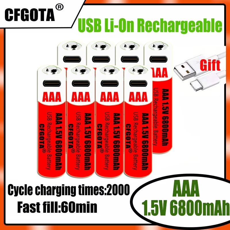 USB AAA Rechargeable Batteries 1.5V 6800mAh li-ion battery for remote control mouseElectric toy battery + Type-C Cable
USB AAA Rechargeable Batteries 1.5V 6800mAh li-ion battery for remote control mouseElectric toy battery + Type-C Cable