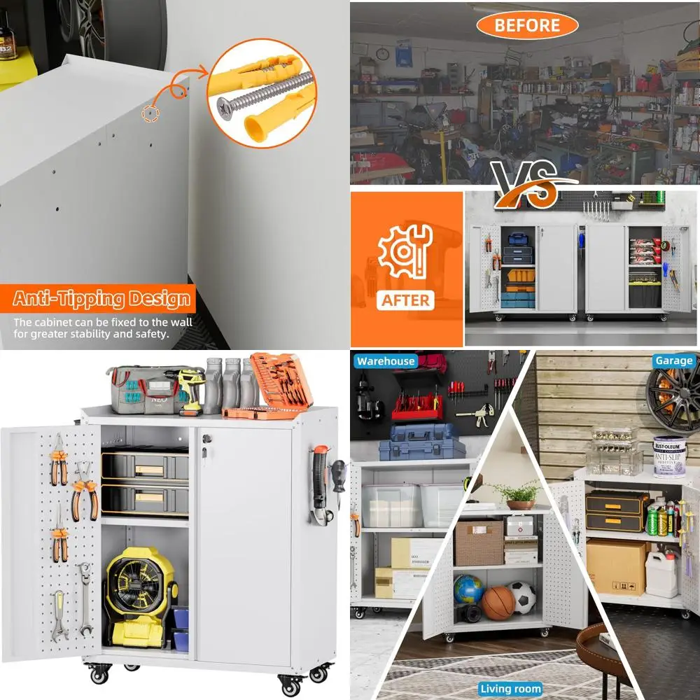 34.3 Tall Lockable Metal Garage Cabinet with Wheels, Door, Shelf, Pegboard & Hooks, White
34.3 Tall Lockable Metal Garage Cabinet with Wheels, Door, Shelf, Pegboard & Hooks, White