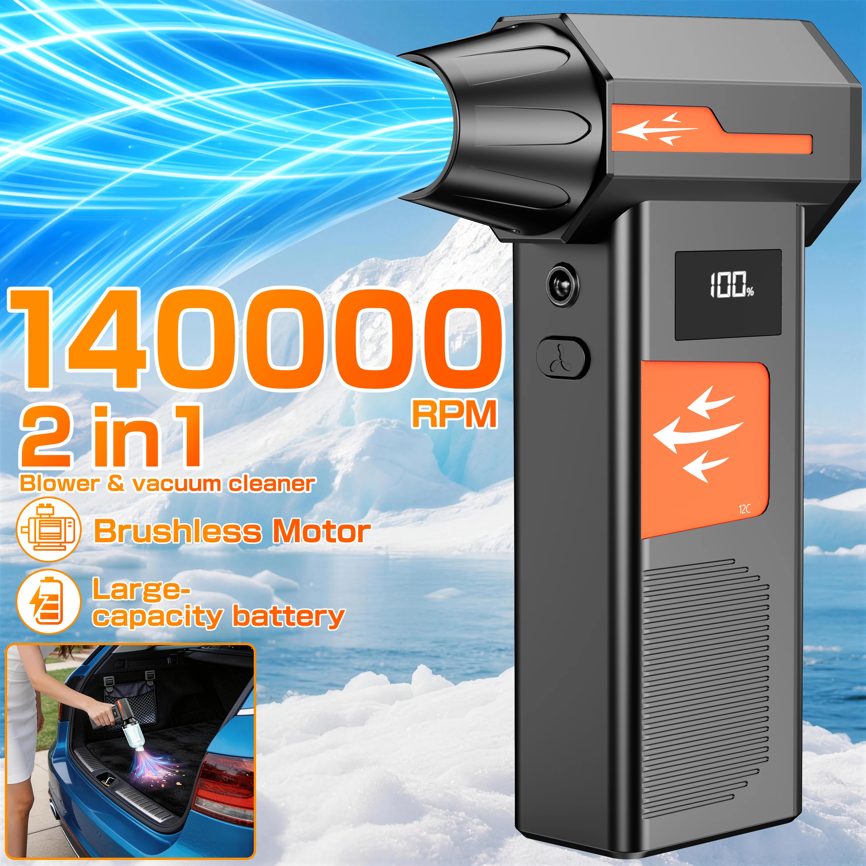 Blow Snow 110000RPM Jet Fan Electric Air Duster Cleaning Blowing Tool With Outlet Nozzles Blow And Suction 2 in 1 Turbo Blower
Blow Snow 110000RPM Jet Fan Electric Air Duster Cleaning Blowing Tool With Outlet Nozzles Blow And Suction 2 in 1 Turbo Blower